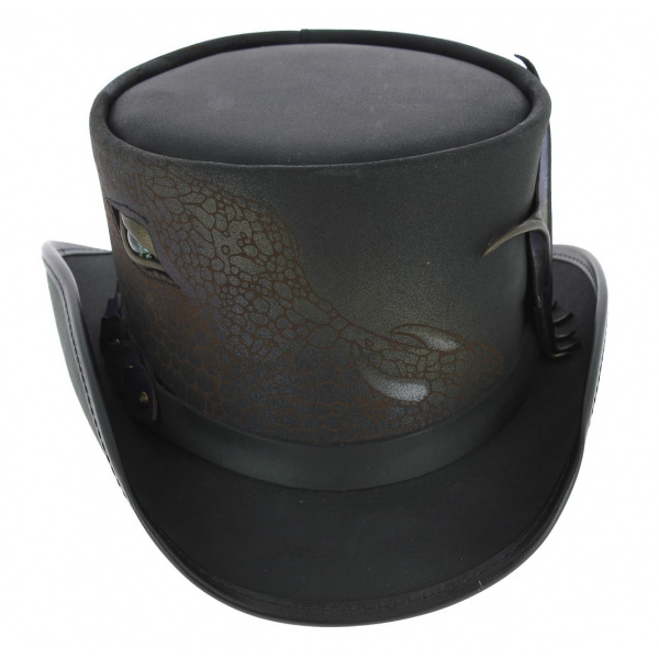 Chapeau Haut De Forme Steampunk En Cuir Véritable Lézard Marron - Style Western Vintage